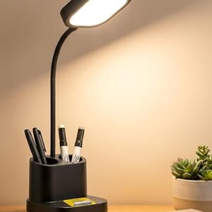 WEIRD WOLF Rechargeable LED Study Table Lamp for Study & Office | 3 Color Modes & 3-Level Touch Brightness | Dual Lithium Battery | Adjustable Gooseneck Desk Lamp with Pen Holder | Eye-Care Light