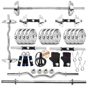 BULLAR Steel Home Gym Set with 5Ft Straight Rod, Curl bar, (10kg-70Kg) Steel Weight Plates Combo, Gym Equipment for Home Workout Exercise Kit for Fitness (S30KG (5KGX4,2.5KGX4)/4FT/5FT/SDM/ACC) Silver
